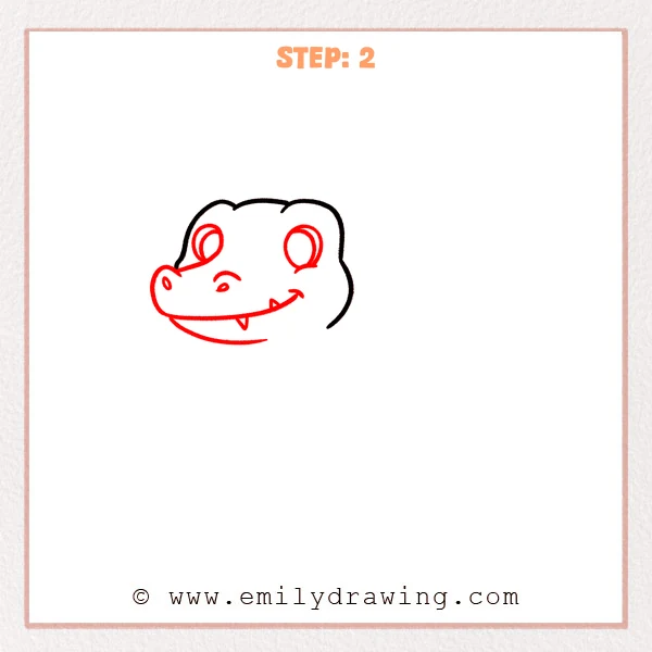 how to draw a cartoon alligator - Cartoon alligator head with added large oval eyes, a rounded snout with nostrils, and a curved smiling mouth with small teeth.